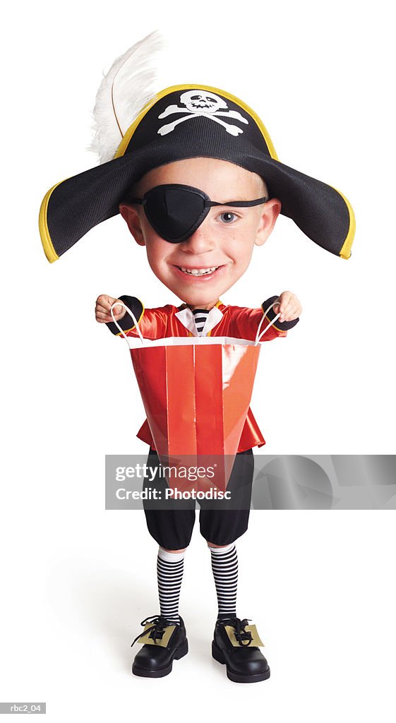 Caricature of caucasian boy in pirate costume with bag opened and extened in front of him for treat
