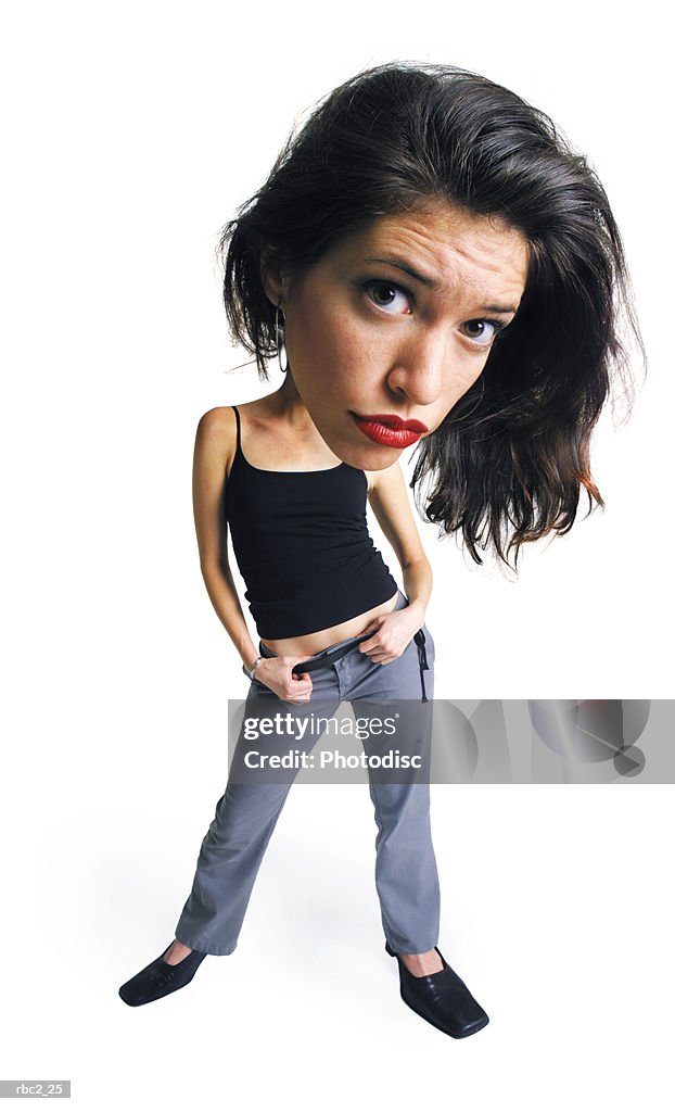 Photo caricature of a teenager standing with her thumbs hocked in her belt, with a pouty expression on her face