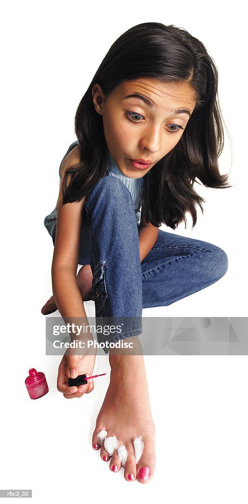 Photo caricature of a teenager painting her toenails
