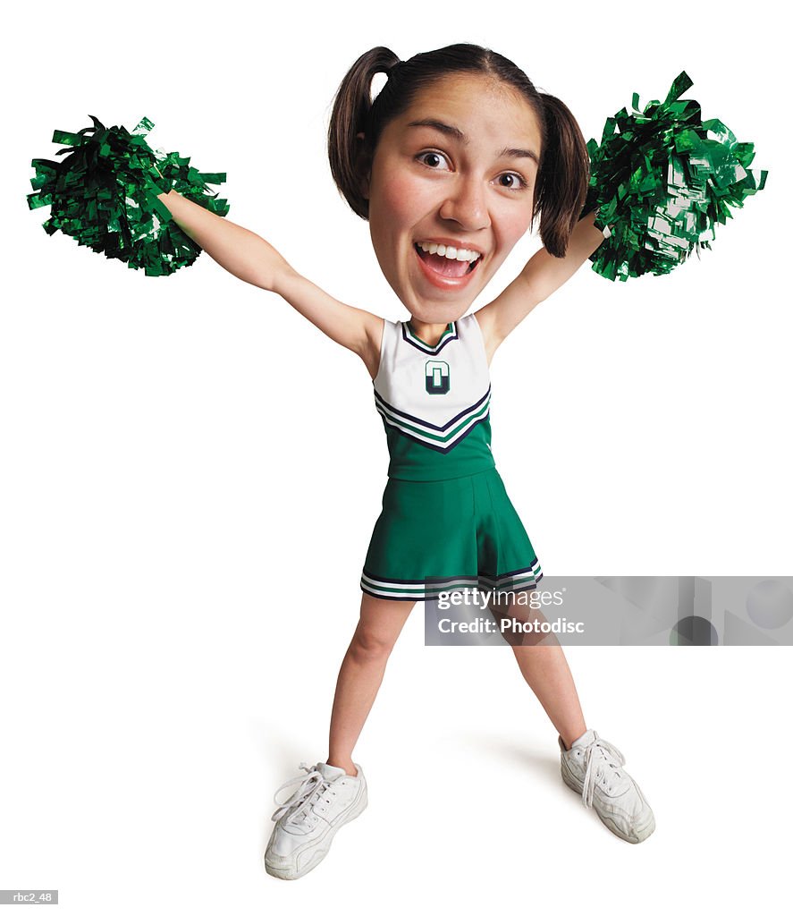 Photo caricature of a cheerleader cheering and in a victory stance with pom-poms in the air