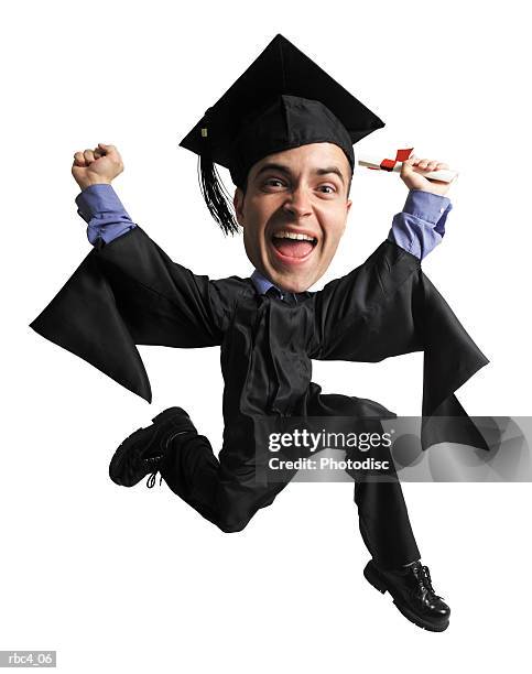 caricature of a happy young caucasian graduate as he leaps through the air with joy - happy stockfoto's en -beelden