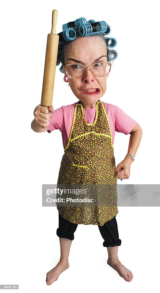 Caricature of an elderly angry caucasain woman as she threatens the world with her rolling pin
