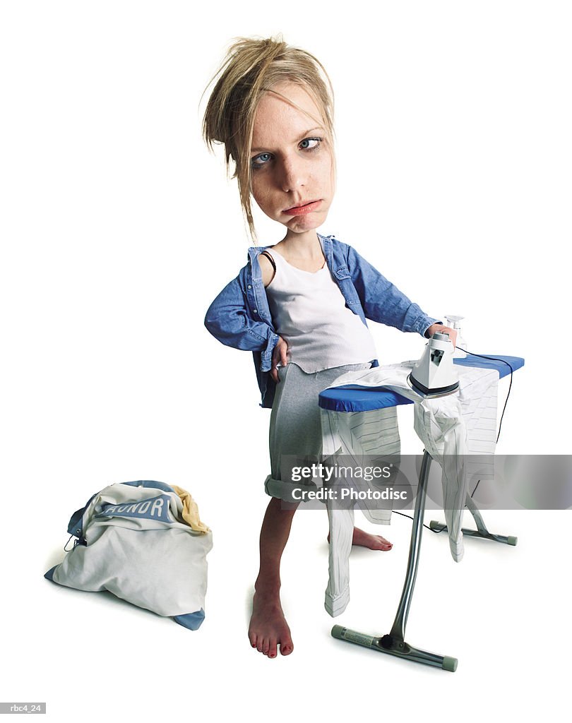 Caricature of an overworked caucasian woman as she irons her laundry