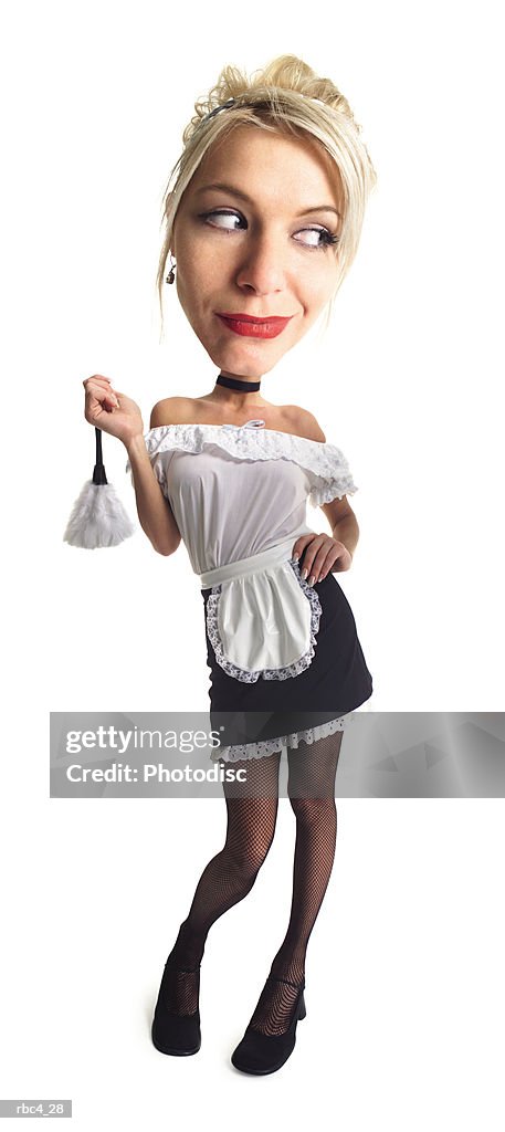 Caricature of a blonde french maid as she holds up her feather duster