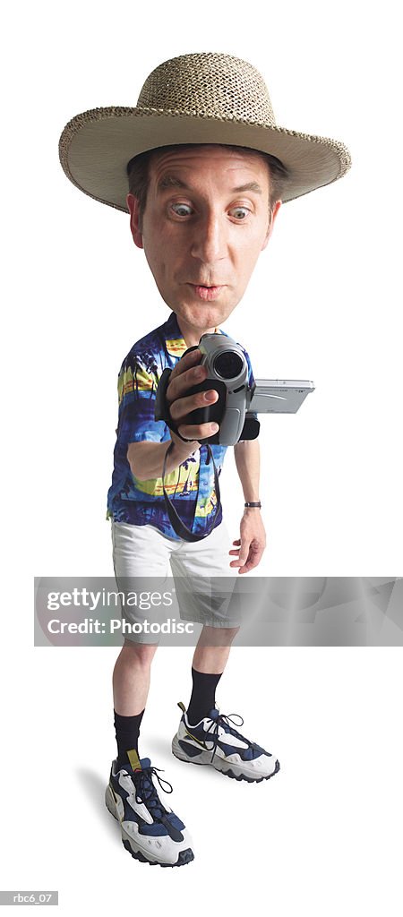 Caricature of a caucasian male tourist in a hat and hawaiian shirt as he video tapes his vacation