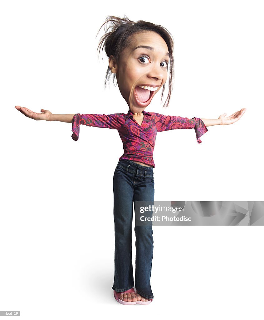 Photo caricature of a young african american girl as she throws her arms out makes a happy expression