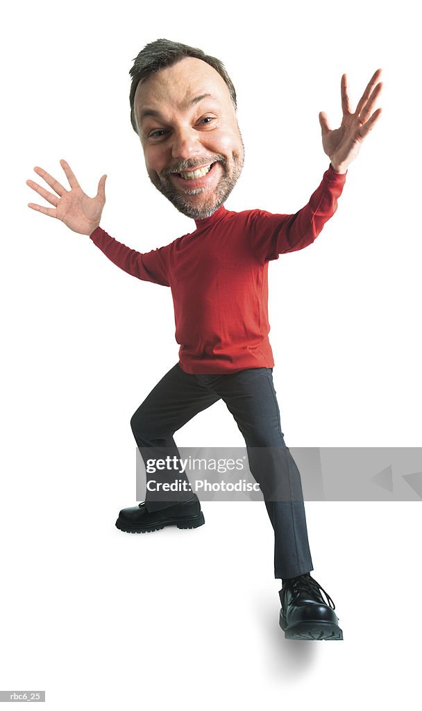 Photo caricature of a caucasian man in a red turtleneck as he throws his arms out in surprise