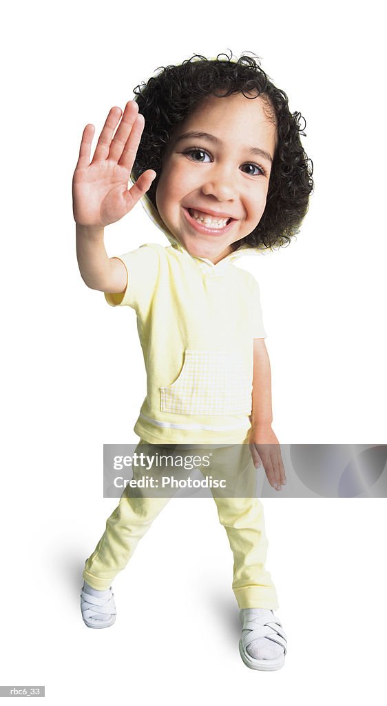 Photo caricature of a cute little african american girl in a yellow outfit as she raises her hand and waves