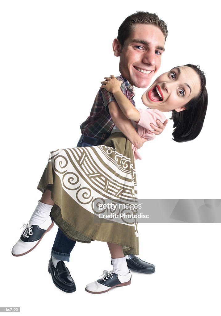 Photo caricature of a young caucasian couple dressed in retro clothing as they dance and dip