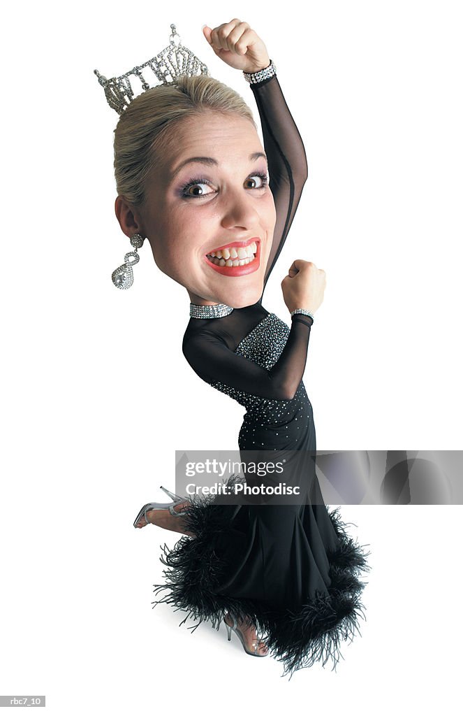 Caricature of caucasian blonde beauty queen in black dress and tiara throws arms in the air dances