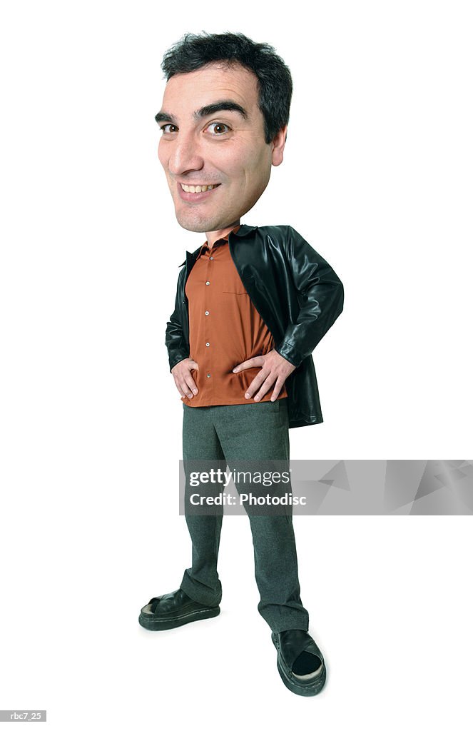 Photo caricature of a caucasian man in a orange shirt and leather jacket as he puts his hands on his hips and smiles