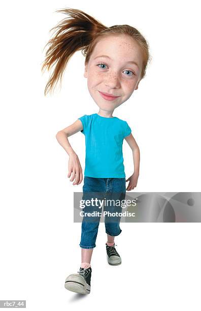 photo caricature of a young caucasian girl in jeans and a blue shirt as she struts forward tossing her hair to the side - head forward white background imagens e fotografias de stock