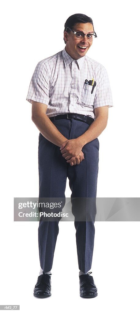 An adult male nerd in a in goofy glasses flashes a silly grin at the camera