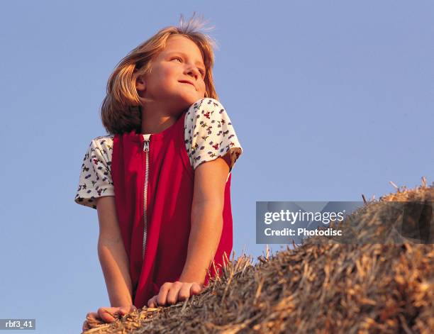 a young girl wearing a red dress sits on top of a bale of hay under a blue sky as she looks over her shoulder into the distance - hay fotografías e imágenes de stock