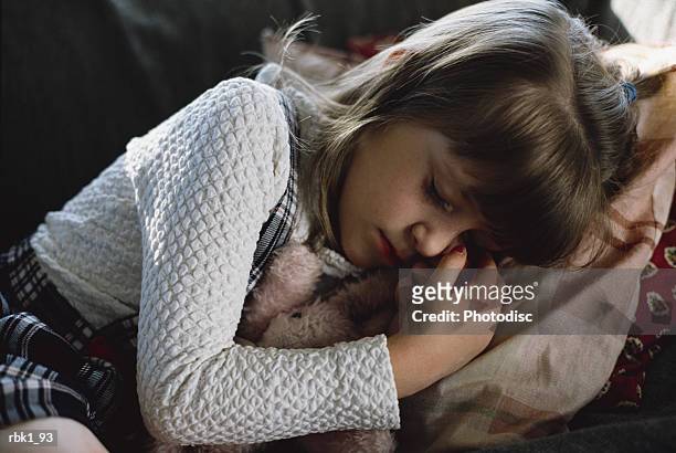 a small caucasian girl naps with a stuffed animal in her arm - animal arm stock pictures, royalty-free photos & images