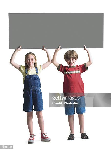 young caucasian girl with braids and young caucasian boy stand holding blank sign above heads smile - kids placard stock pictures, royalty-free photos & images