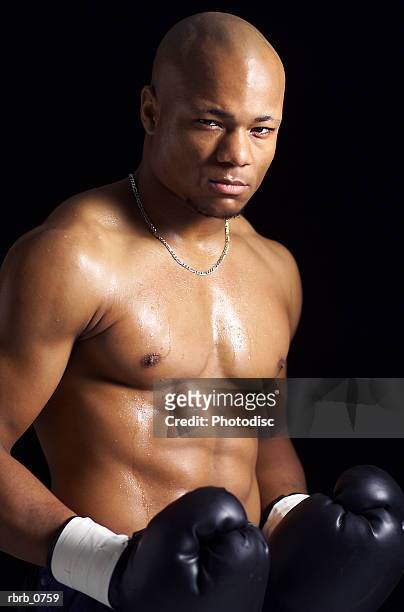 portrait of a young african american male boxer with no shirt as he looks sternly into the camera - no stock pictures, royalty-free photos & images