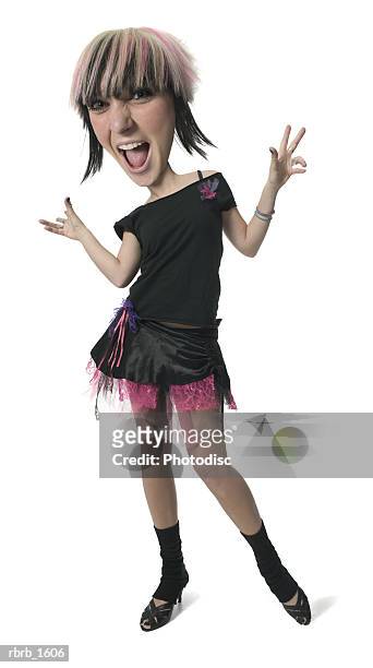 photo caricature of a young caucasian woman in a retro punk outfit as she flashes a funny face - big head stock pictures, royalty-free photos & images