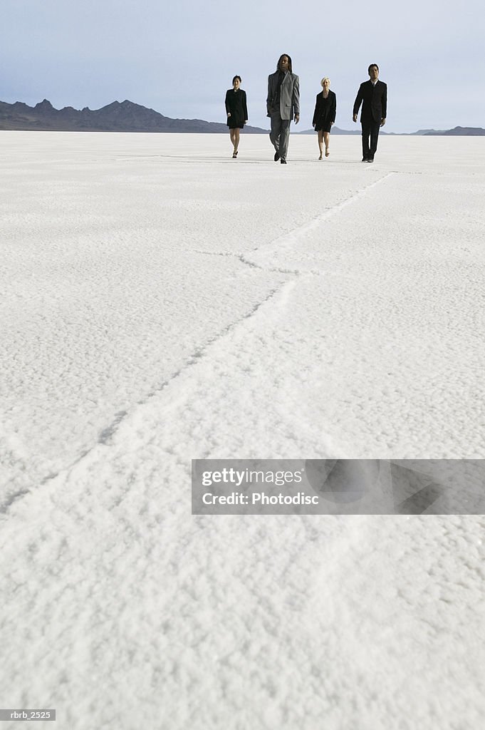 Conceptual shot of four business coworkers as they walk together through a desert