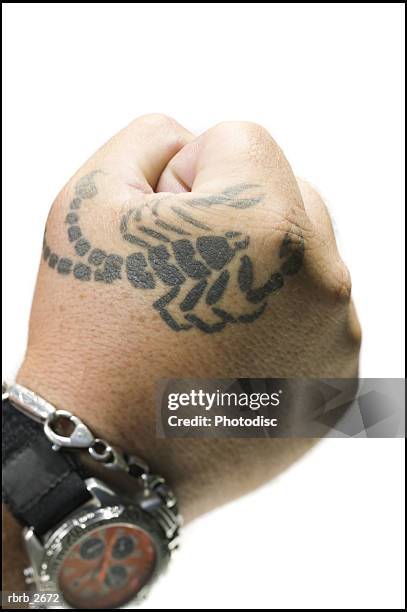 close up shot of a male fist with a tattoo - arachnid stockfoto's en -beelden