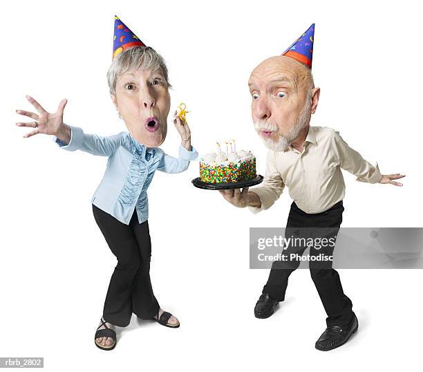 photo caricature of an elderly couple as they celebrate another birthday - aother stock pictures, royalty-free photos & images