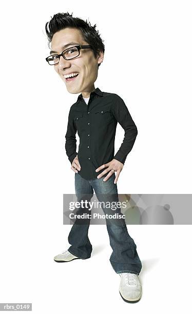 photo caricature of a young adult male in a black shirt as he puts his hands on his hips and smiles - big head stock pictures, royalty-free photos & images