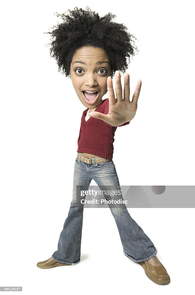 Photo caricature of a young adult female in a red sweater as she holds out her hand