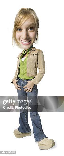 photo caricature of a teenage blonde female as she smiles brightly at the camera - big head stock pictures, royalty-free photos & images