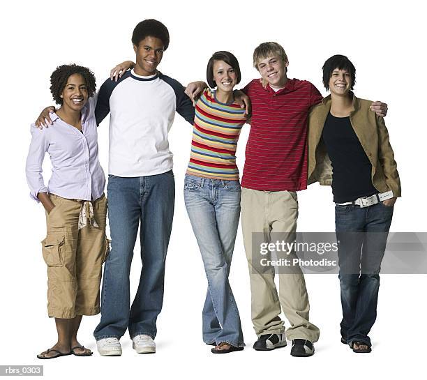 full body portrait of a group of five teenagers as they stand together and smile - smile bildbanksfoton och bilder