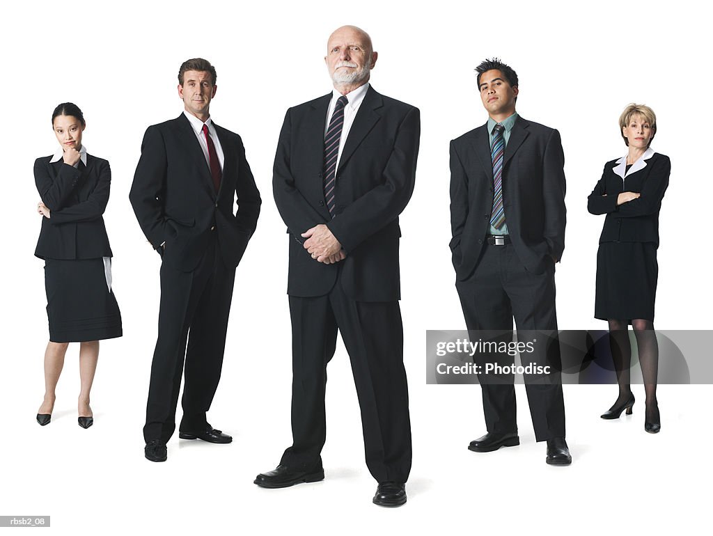 A group of business people line up in a row and look sternly into the camera