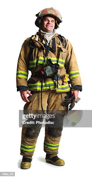 a caucasian male firefighter stands smiling in all his gear - all stock pictures, royalty-free photos & images