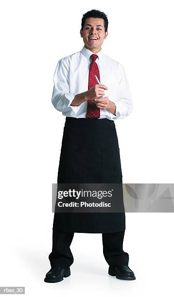 a young hispanic male waiter stand ready to take your order - stand up ストックフォトと画像