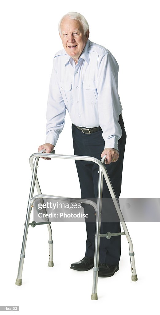 Elderly caucasian man with walker poses happily.