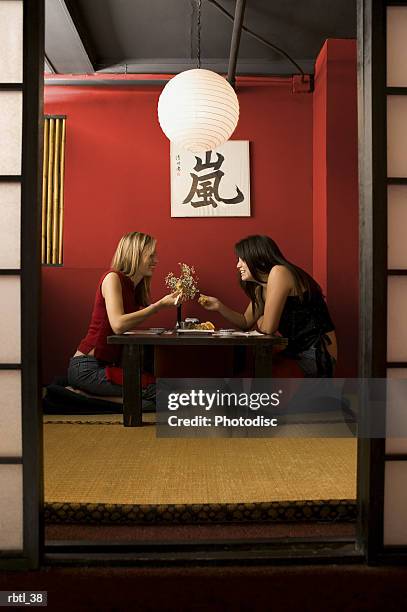 lifestyle portrait of two teenage female friends as they eat together in a restaurant - gestalt stock-fotos und bilder