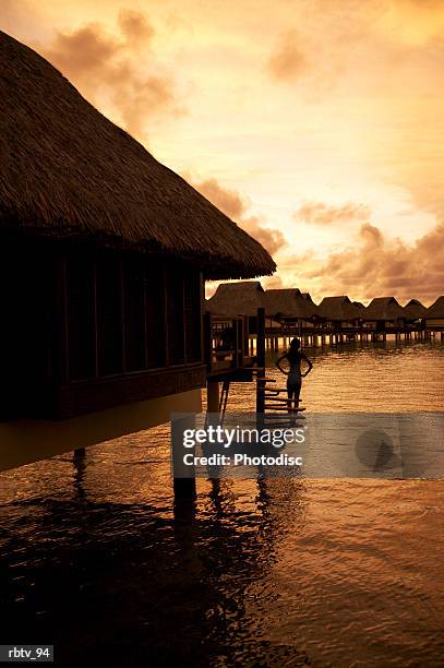 landscape photograph of a grass hut over the water at sunset - grashut stockfoto's en -beelden