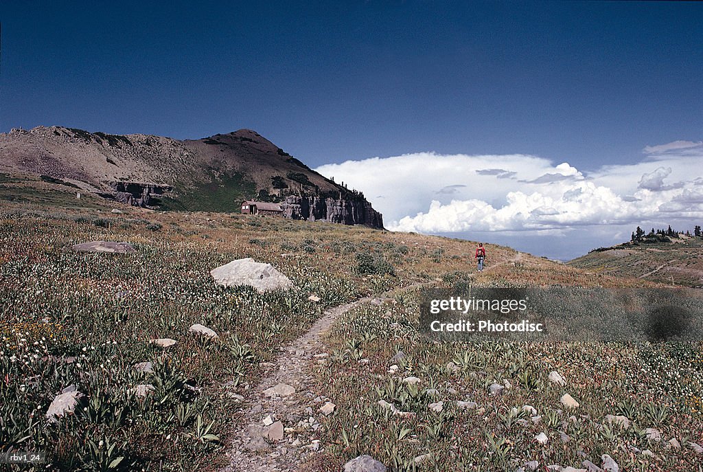 An uphill shot of a rocky path in between low grasses leading toward a blue sky spotted with white clouds