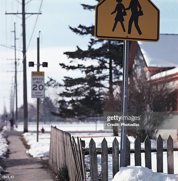 a yellow crosswalk sign rises in front of a snow covered house and evergreen as houses and trees rise in the background - evergreen plant foto e immagini stock