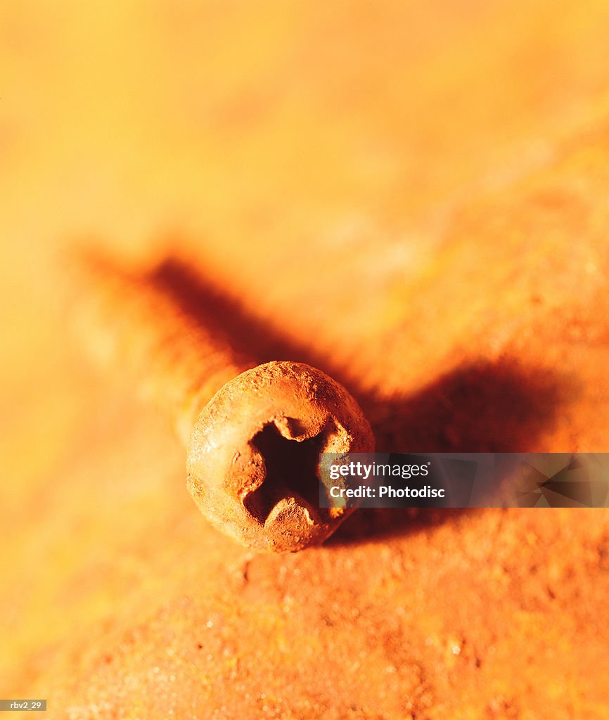 A rusted screw lies on a gold surface as it casts a shadow