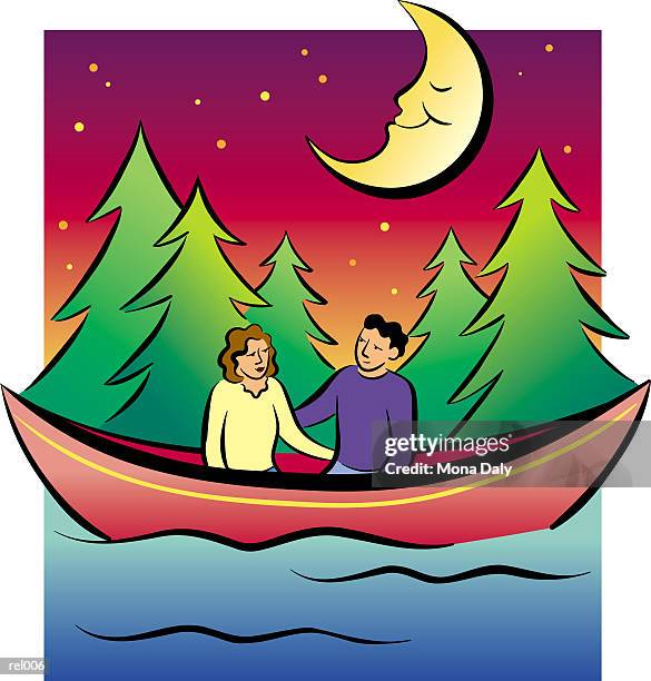 ilustraciones, imágenes clip art, dibujos animados e iconos de stock de couple in canoe at night - night in