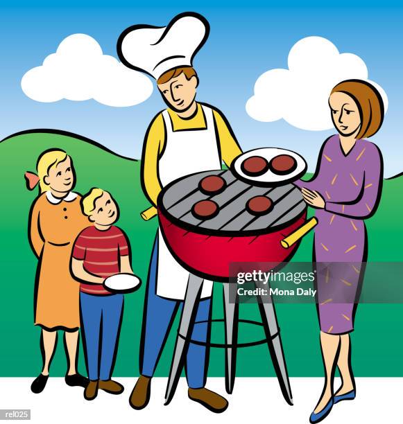 family barbecue - mittelschicht-stereotypen stock-grafiken, -clipart, -cartoons und -symbole