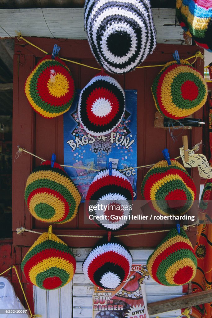Rasta Rastafarian hats on display, Tobago, Trinidad and Tobago, West Indies, Caribbean, Central America