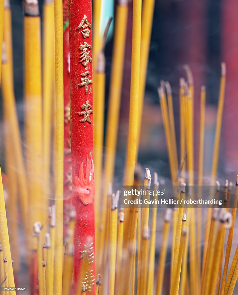 Close-up of incense sticks burning, Thien Hau pagoda, Chinese Buddhist temple, Ho Chi Minh City (Saigon), Vietnam, Indochina, Southeast Asia, Asia