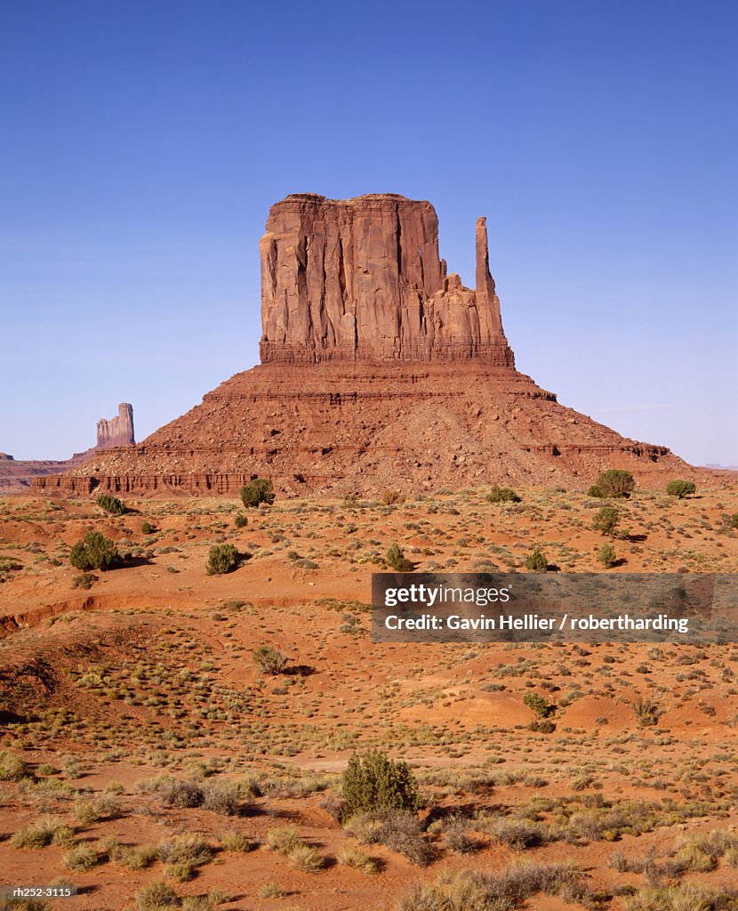 Rock formations known as The Mittens on the Navajo Tribal Reservation in Monument Valley, on the Utah Arizona border, USA