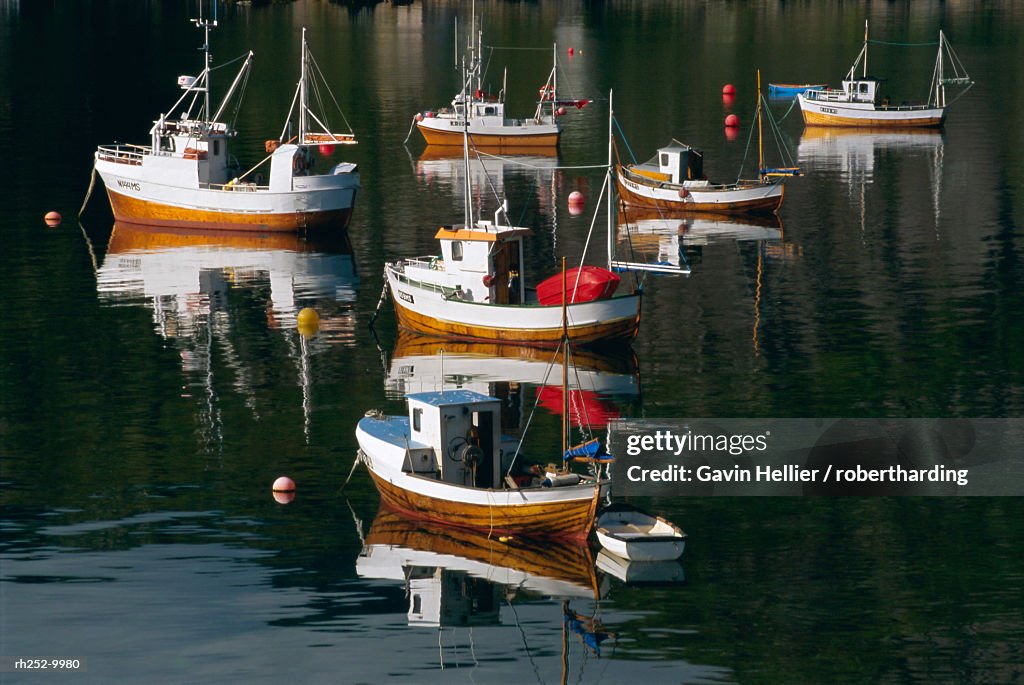 Fishing boats in Moskenes, Moskenesoy, Lofoten Islands, Nordland, Norway, Scandinavia, Europe