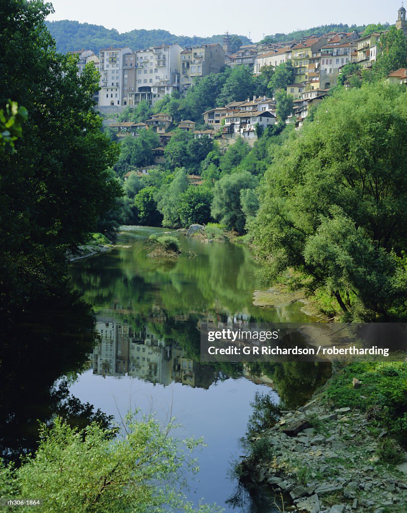 The Yantra River and Veliko Turnovo City behind on side of hill, Bulgaria