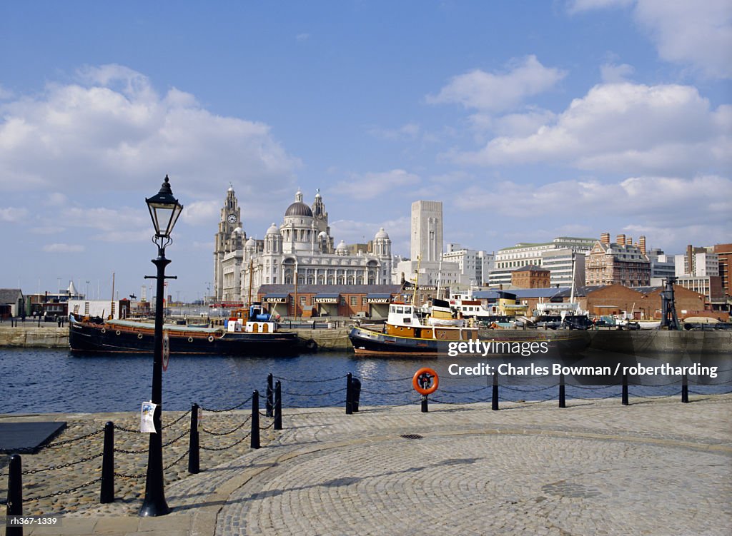 Liver Buildings and Docks, Liverpool, Merseyside, UK