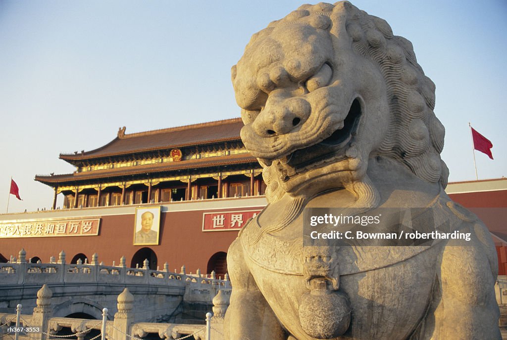 Lion and Tienanmen Gate in the city of Beijing, China.