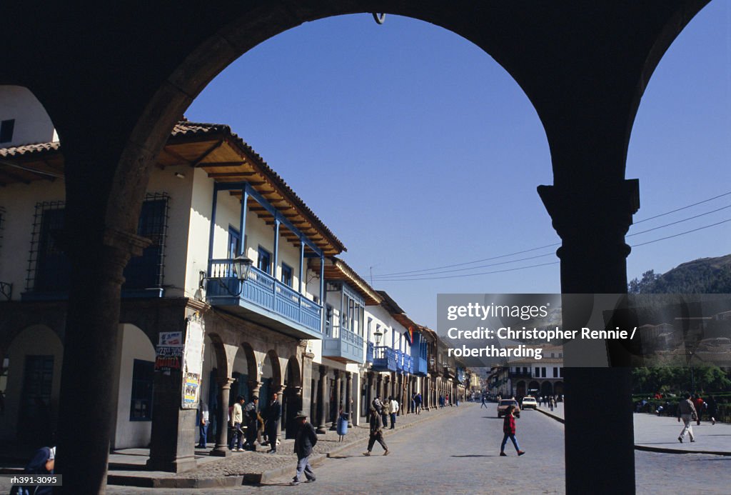 Colonial balconies, Plaza de Armas, Cuzco, Peru, South America