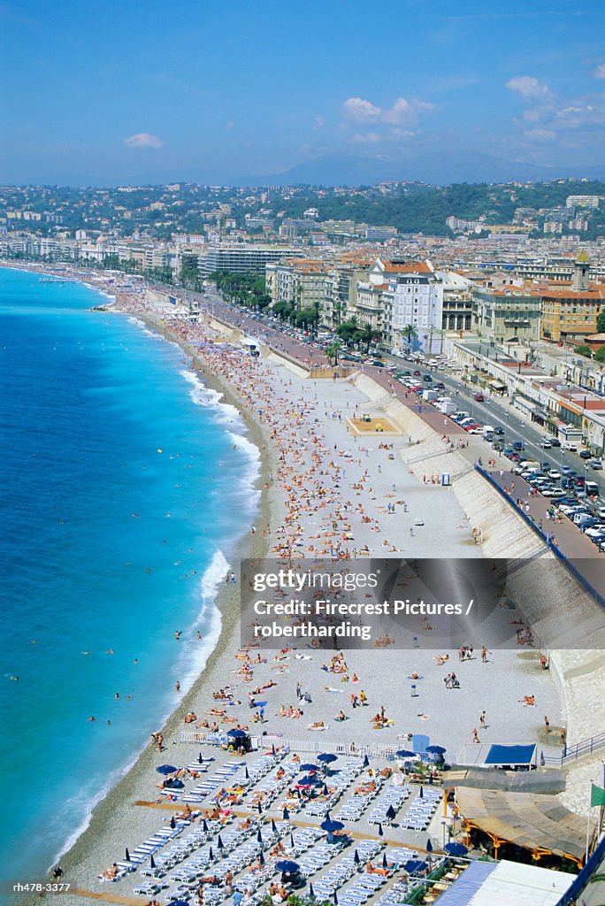 View over the beach and Nice, Cote d'Azur, Alpes-Maritimes, Provence, France, Europe
