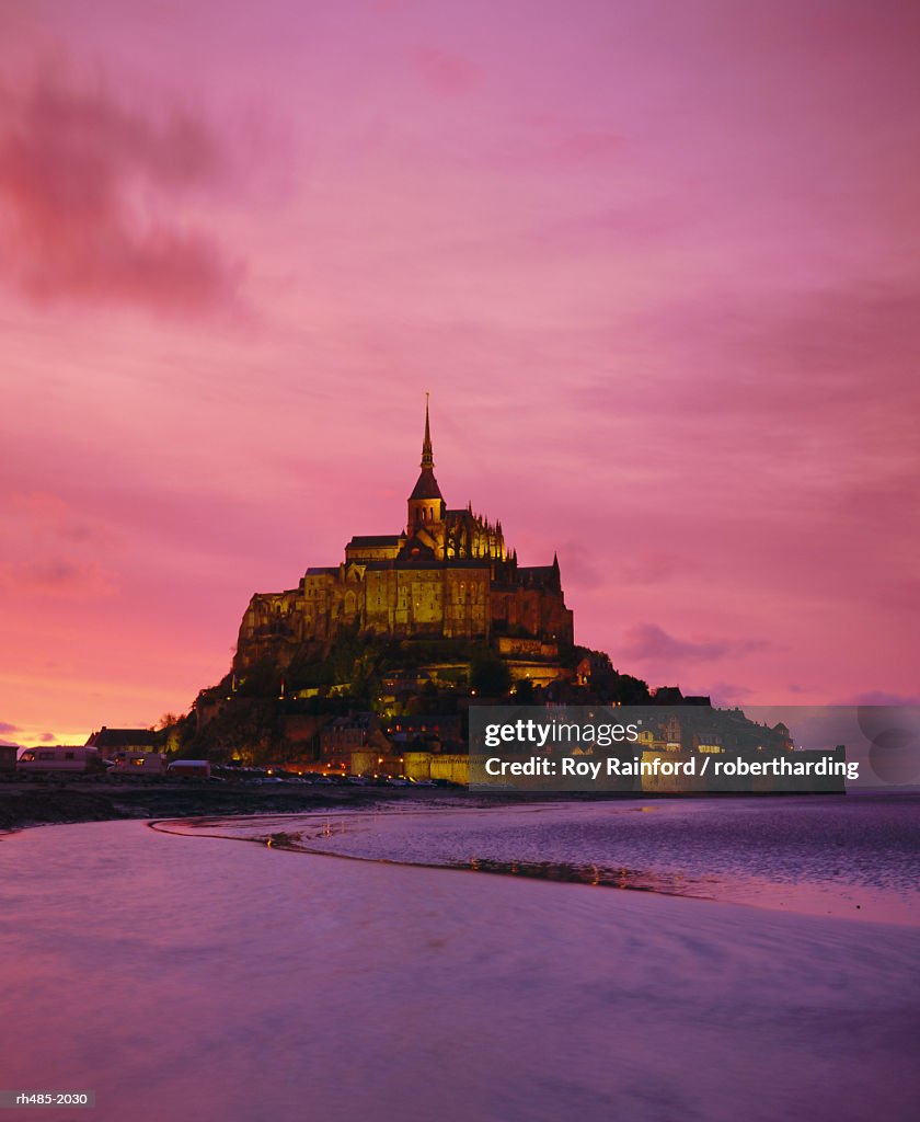 Mont Saint-Michel (Mont St. Michel) at sunset, La Manche region, Normandy, France, Europe